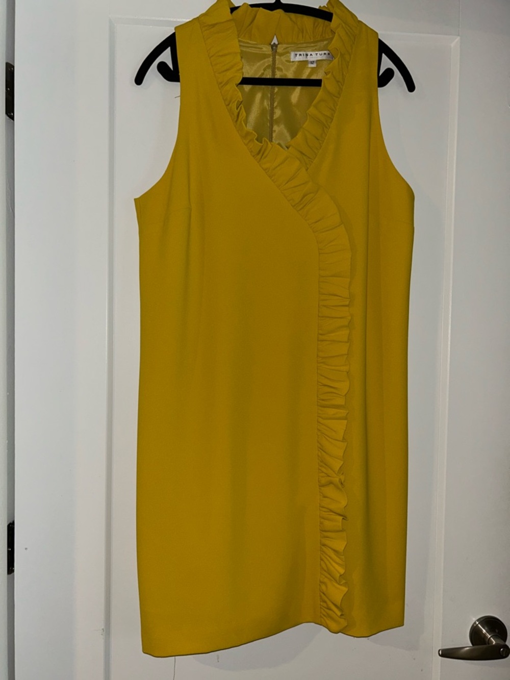 Trina Turk Mustard Yellow Ruffle-Trim Sleeveless Shift Dress